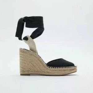 Zara Black Wedge Square Toe Espadrilles Size EU 37